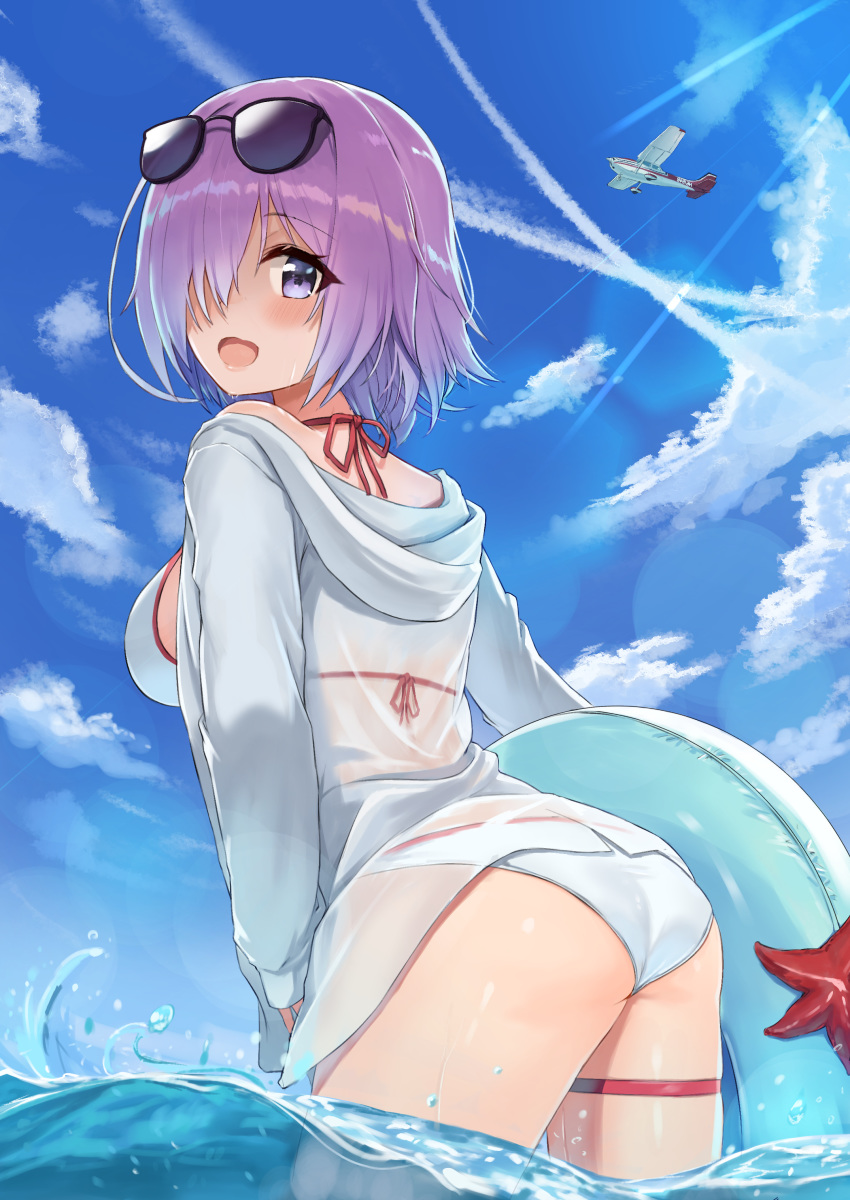 1girl :d absurdres aircraft airplane ass back bangs bent_over bikini bikini_under_clothes black-framed_eyewear blue_sky blush breasts cloud commentary_request day eyewear_on_head fate/grand_order fate_(series) from_behind hair_over_one_eye halter_top halterneck highres innertube jacket jjeono large_breasts lavender_hair leaning_forward long_sleeves looking_at_viewer looking_back mash_kyrielight ocean open_clothes open_jacket open_mouth outdoors purple_eyes purple_hair see-through short_hair sky smile solo starfish sunglasses swimsuit thigh_strap thighs wading water wet wet_clothes white_bikini white_jacket