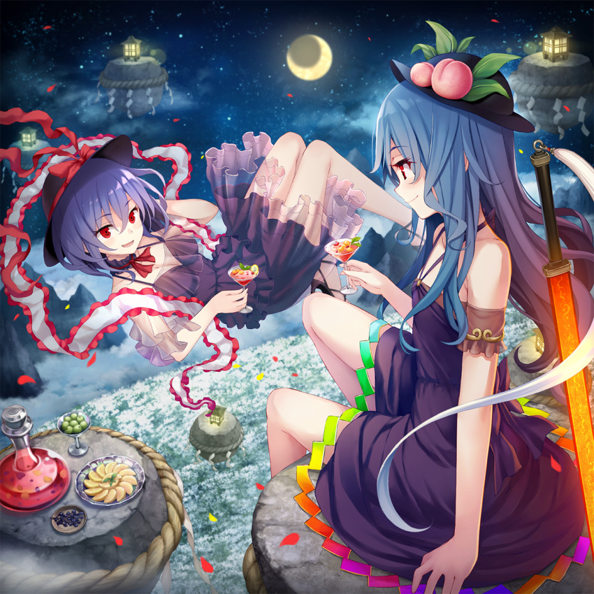 2girls alternate_costume apple black_headwear blue_hair bow cloud cocktail_glass crescent_moon cup dress drinking_glass floating food fruit grapes hair_between_eyes hat hat_bow highres hinanawi_tenshi holding holding_cup keystone knees_up lantern long_hair looking_at_another moon multiple_girls nagae_iku namaru_(summer_dandy) night night_sky off-shoulder_dress off_shoulder open_mouth peach petals purple_dress red_bow red_eyes rope shawl shimenawa short_hair sitting sitting_on_object sky star_(sky) starry_sky sword_of_hisou touhou