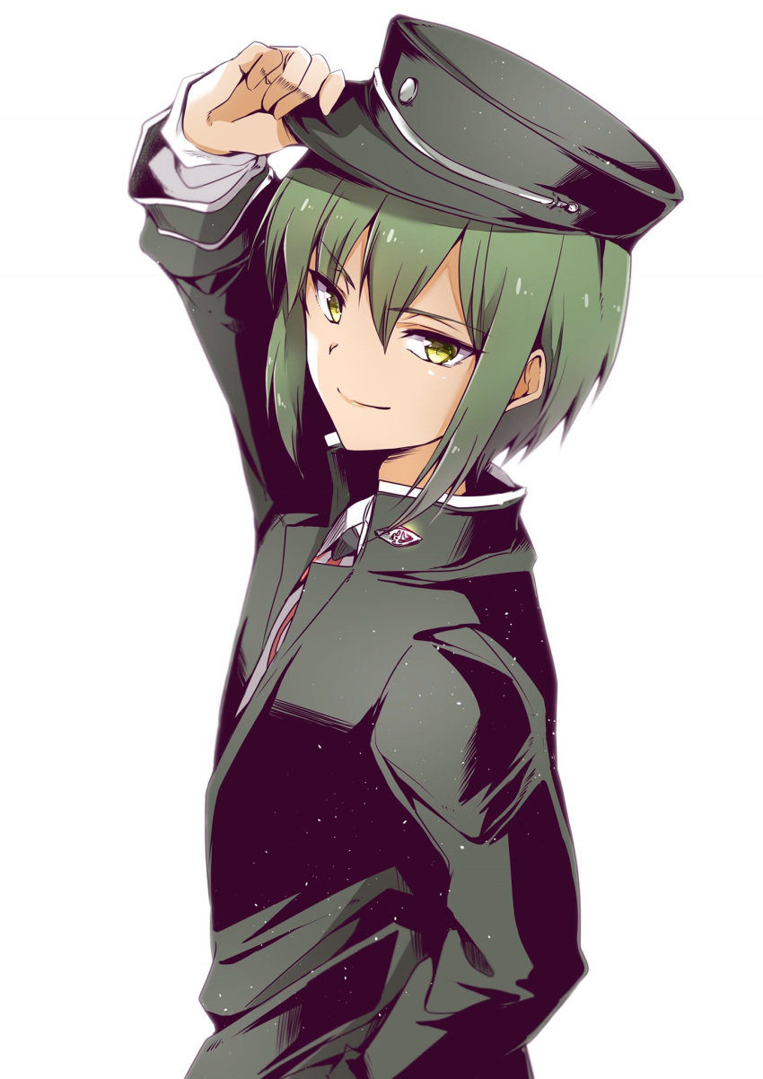 1boy angel_beats! badge black_headwear ca2la commentary_request gakuran green_hair hat highres holding holding_hat looking_at_viewer naoi_ayato school_uniform simple_background smile solo uniform upper_body white_background yellow_eyes