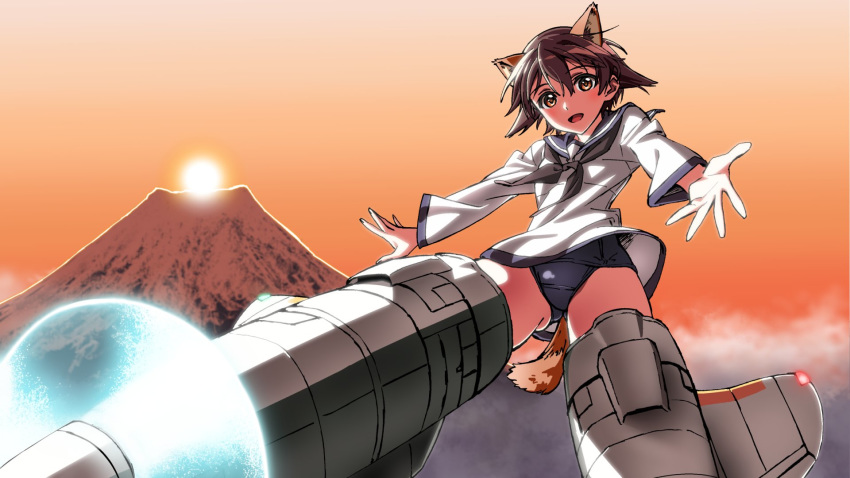 1girl animal_ears black_neckwear brown_eyes brown_hair cloud commentary_request dog_ears dog_tail flying highres kogarashi51 looking_at_viewer miyafuji_yoshika mount_fuji neckerchief open_mouth outstretched_hand school_swimsuit school_uniform short_hair solo strike_witches striker_unit sunrise swimsuit tail world_witches_series