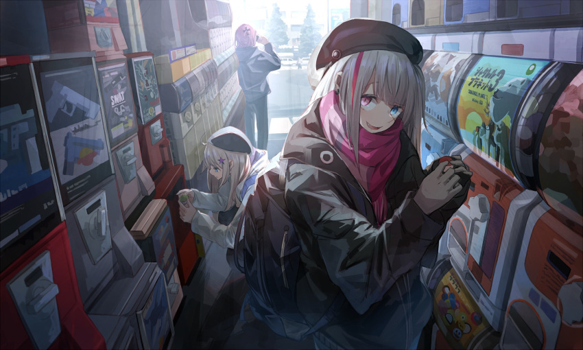 3girls aa-12_(girls_frontline) alley beret blue_sky capsule coffee_cup cup day disposable_cup drinking gashapon girls_frontline hat heterochromia highres mdr_(girls_frontline) miyabino_(miyabi1616) multiple_girls sky st_ar-15_(girls_frontline) vending_machine