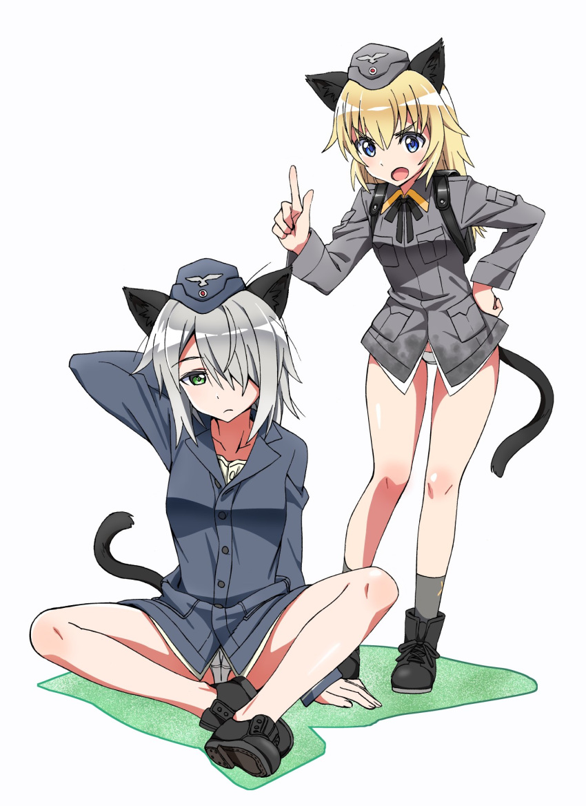 2girls animal_ears backpack bag bare_legs black_footwear blonde_hair blue_eyes boots brush cat_ears cat_tail commentary_request elfriede_schreiber full_body garrison_cap green_eyes grey_hair hair_over_one_eye hat helma_lennartz highres kogarashi51 long_hair long_sleeves military military_uniform multiple_girls neck_ribbon no_pants open_mouth panties ribbon sitting standing tail underwear uniform white_background white_panties world_witches_series