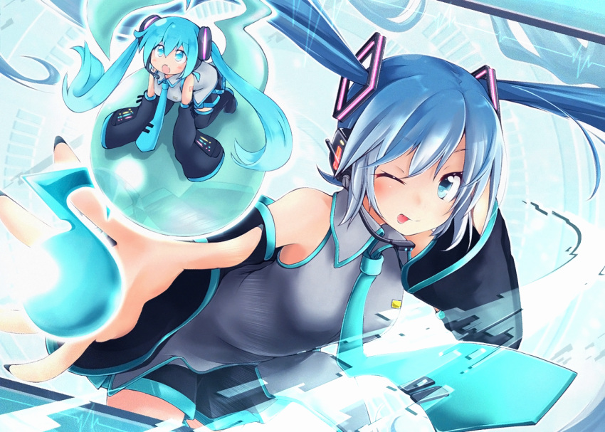 akino_coto aqua_eyes aqua_hair blush hatsune_miku headphones skirt tie vocaloid wink