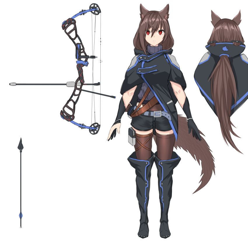 &gt;:( 1girl absurdres animal_ear_fluff animal_ears arrow bangs belt belt_buckle black_cloak black_footwear black_gloves black_shorts blush boots bow_(weapon) brown_hair brown_legwear buckle cloak closed_mouth compound_bow eyebrows_visible_through_hair facing_away gloves grey_belt grey_sweater hair_between_eyes hair_through_headwear highres hood hood_down hooded_cloak knee_boots light_frown long_hair looking_at_viewer low_ponytail multiple_views original partly_fingerless_gloves ponta_(velmar) ponytail red_eyes ribbed_sweater short_shorts shorts simple_background sweater tail thighhighs thighhighs_under_boots turnaround turtleneck turtleneck_sweater v-shaped_eyebrows very_long_hair weapon white_background