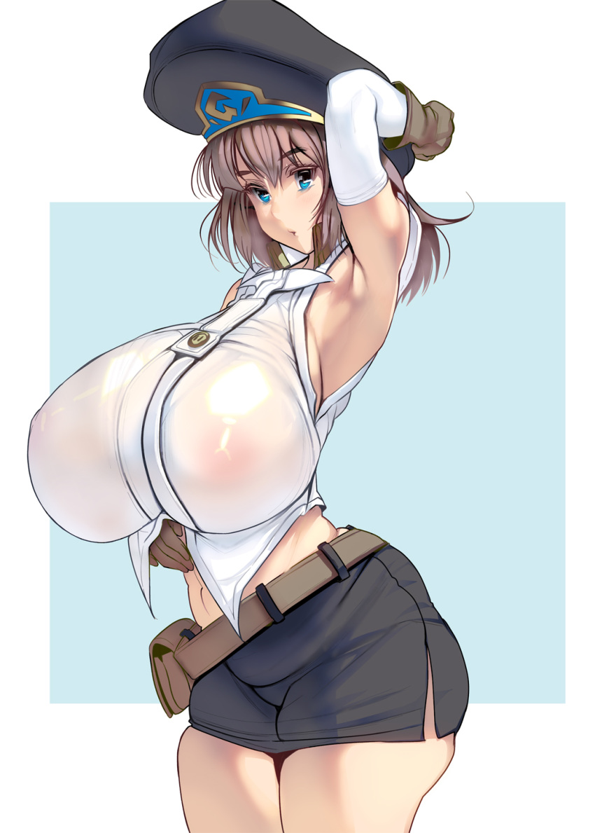 1girl arm_up armpits belly belt black_skirt blue_background blue_eyes breasts brown_gloves brown_hair commentary_request elbow_gloves eyebrows_visible_through_hair gloves hat highres huge_breasts long_hair looking_at_viewer masao original parted_lips pouch skirt solo thick_thighs thighs white_sleeves