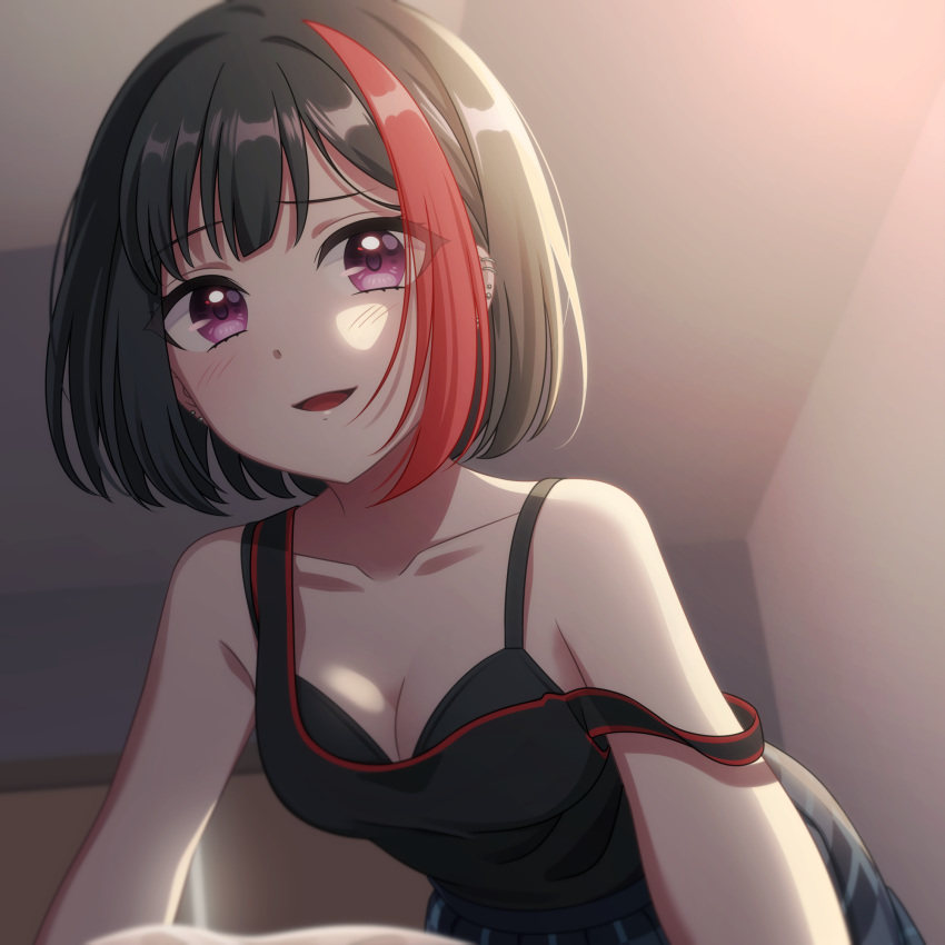 1girl bang_dream! bangs black_bra black_hair black_tank_top bra breasts cleavage collarbone commentary_request ear_piercing eyebrows_visible_through_hair eyes_visible_through_hair highres himemiya_chiharu indoors leaning_forward mitake_ran multicolored_hair no_choker piercing purple_eyes red_hair short_hair skirt solo strap_slip streaked_hair tank_top underwear