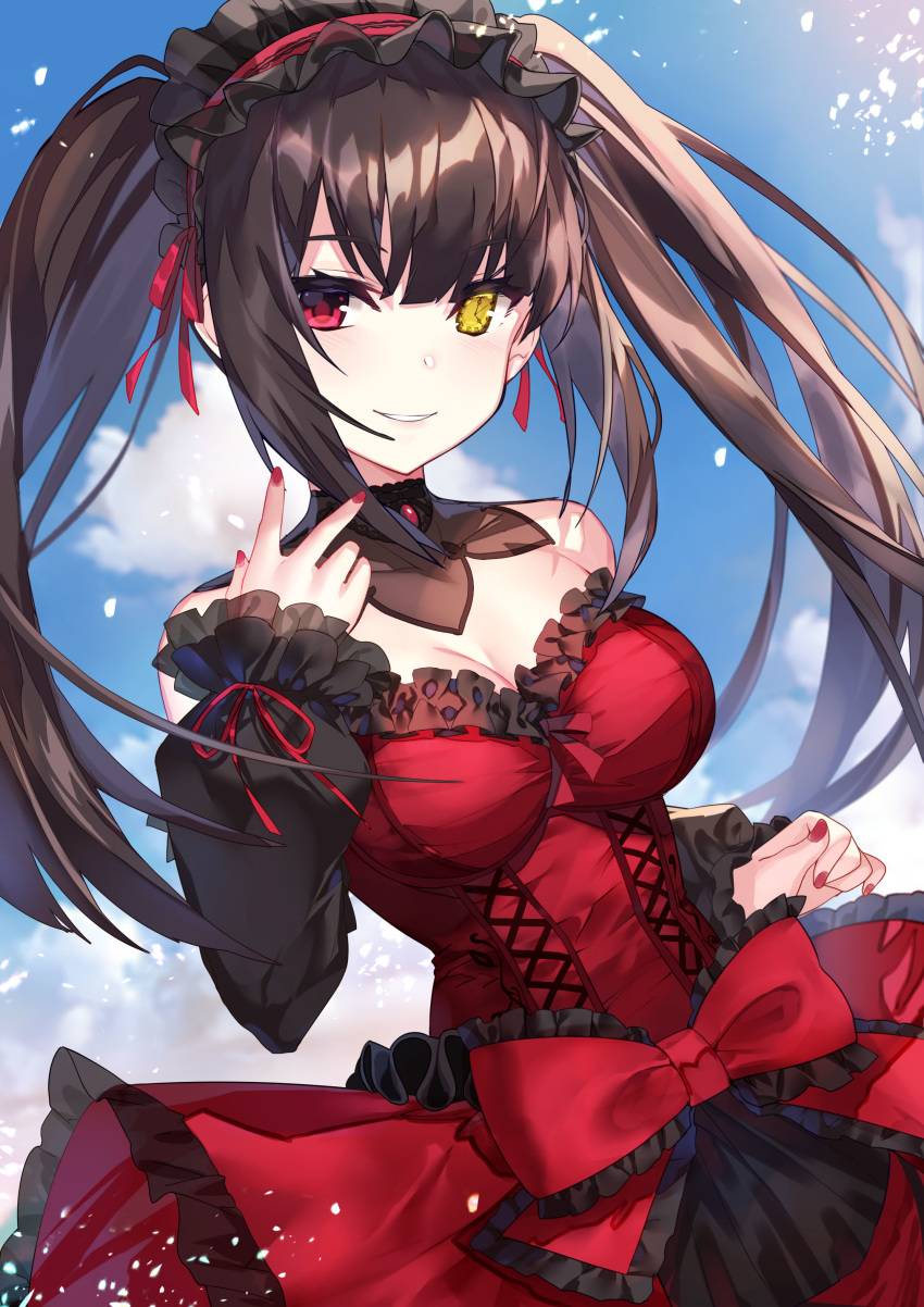 1girl absurdres bare_shoulders black_hair blush breasts cleavage clock_eyes commentary date_a_live day dress eyebrows_visible_through_hair gendo0032 hair_ribbon hairband heterochromia highres lolita_fashion lolita_hairband long_hair looking_at_viewer medium_breasts outdoors red_eyes red_ribbon ribbon smile solo symbol-shaped_pupils tokisaki_kurumi twintails yellow_eyes