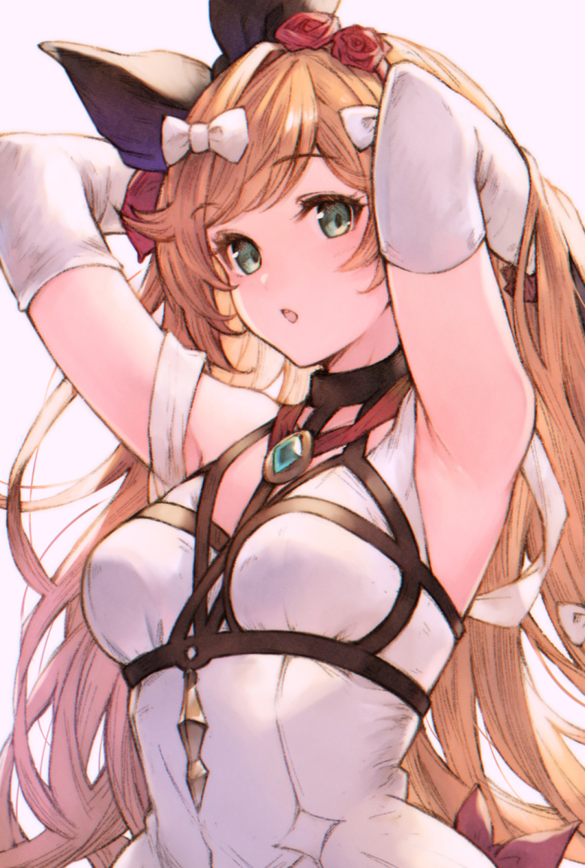 1girl :o armpits arms_up bangs bare_shoulders black_bow blush bow breasts brown_hair clarisse_(granblue_fantasy) covered_navel dress elbow_gloves eyebrows_visible_through_hair flower gloves granblue_fantasy green_eyes hair_bow hair_flower hair_ornament highres koretsuki_azuma long_hair medium_breasts open_mouth red_flower red_rose rose solo swept_bangs upper_body very_long_hair white_bow white_dress white_gloves