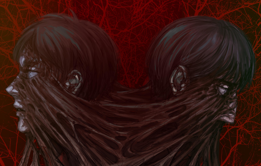 2boys absurdres black_hair blood brown_hair chiruchiru eren_kruger eren_yeager flesh highres looking_down looking_to_the_side male_focus multiple_boys patterned_background shingeki_no_kyojin short_hair silver_eyes tagme