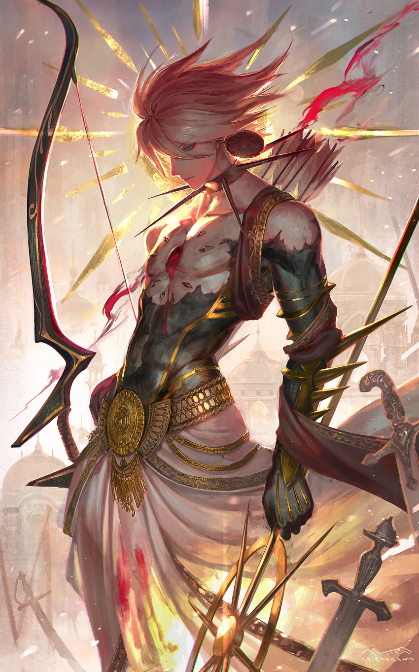 1boy absurdres adapted_costume arrow blue_eyes bodysuit bow_(weapon) chest_jewel dhoti egawa_akira fate/grand_order fate_(series) field_of_blades highres indian_clothes karna_(fate) loincloth male_focus muscle pale_skin polearm quiver solo spear sword talwar vasavi_shakti weapon white_hair