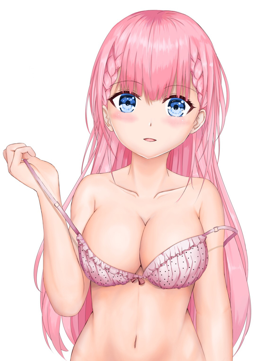 1girl bare_shoulders blue_eyes blush bokutachi_wa_benkyou_ga_dekinai bra breasts cleavage collarbone commentary_request eyebrows_visible_through_hair hair_between_eyes highres kirisu_mafuyu large_breasts light_smile long_hair looking_at_viewer midunana navel pink_bra pink_hair side_braids simple_background solo strap_slip underwear undressing upper_body white_background