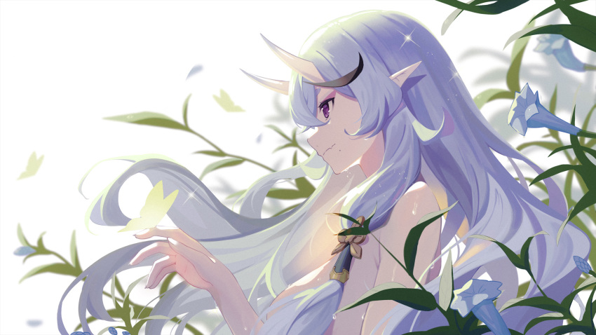 1girl baseness closed_mouth floating_hair flower from_side hair_between_eyes hair_tubes highres horns long_hair nijisanji nude pointy_ears purple_eyes rindou_mikoto silver_hair solo sparkle upper_body very_long_hair virtual_youtuber white_background white_flower