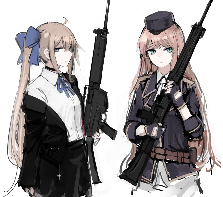 2girls blue_eyes bow brown_hair choker cross fal_(girls_frontline) fingerless_gloves girls_frontline gloves green_eyes gun hat highres holding holding_weapon jacket long_hair looking_at_viewer military military_hat military_operator military_uniform multiple_girls necktie rampart1028 serious shirt sig-510_(girls_frontline) uniform weapon white_shirt