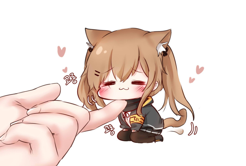 1girl :3 animal_ear_fluff animal_ears armband black_jacket black_legwear blush brown_hair cat_ears cat_tail chibi chin_tickle closed_eyes eyebrows_visible_through_hair girls_frontline honyang hood hooded_jacket jacket long_hair long_sleeves minigirl scar scar_across_eye seiza simple_background sitting skirt solo_focus tail ump9_(girls_frontline) white_background