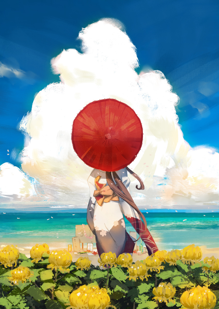 1girl absurdres alternate_costume blue_sky brown_hair cloud day flower from_behind highres japanese_clothes kantai_collection kimono long_hair obi ocean oriental_umbrella outdoors ponytail red_umbrella sash sky solo umbrella very_long_hair white_kimono wide_sleeves yamato_(kantai_collection) ye_fan yellow_flower