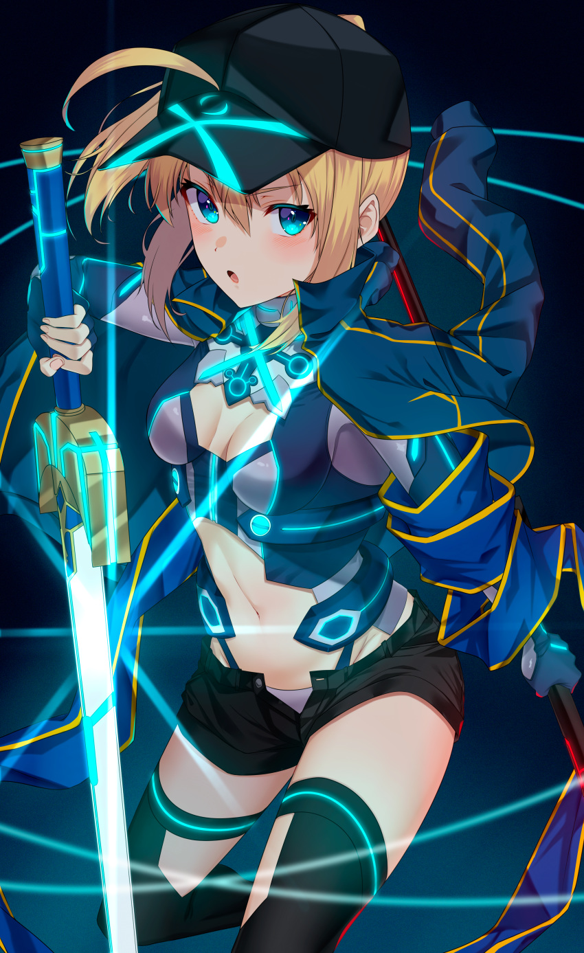 1girl absurdres ahoge artoria_pendragon_(all) bangs baseball_cap black_headwear black_legwear black_shorts blonde_hair blue_eyes blue_jacket blue_scarf blush breasts dark_excalibur fate/grand_order fate_(series) hair_between_eyes hair_through_headwear hat highres himitsucalibur holding holding_sword holding_weapon huge_filesize jacket jun_(540000000000000) long_hair long_sleeves looking_at_viewer medium_breasts mysterious_heroine_x navel open_mouth open_track_jacket ponytail rojiura_satsuki:_chapter_heroine_sanctuary scarf shorts sidelocks solo sword thighhighs thighs track_jacket weapon