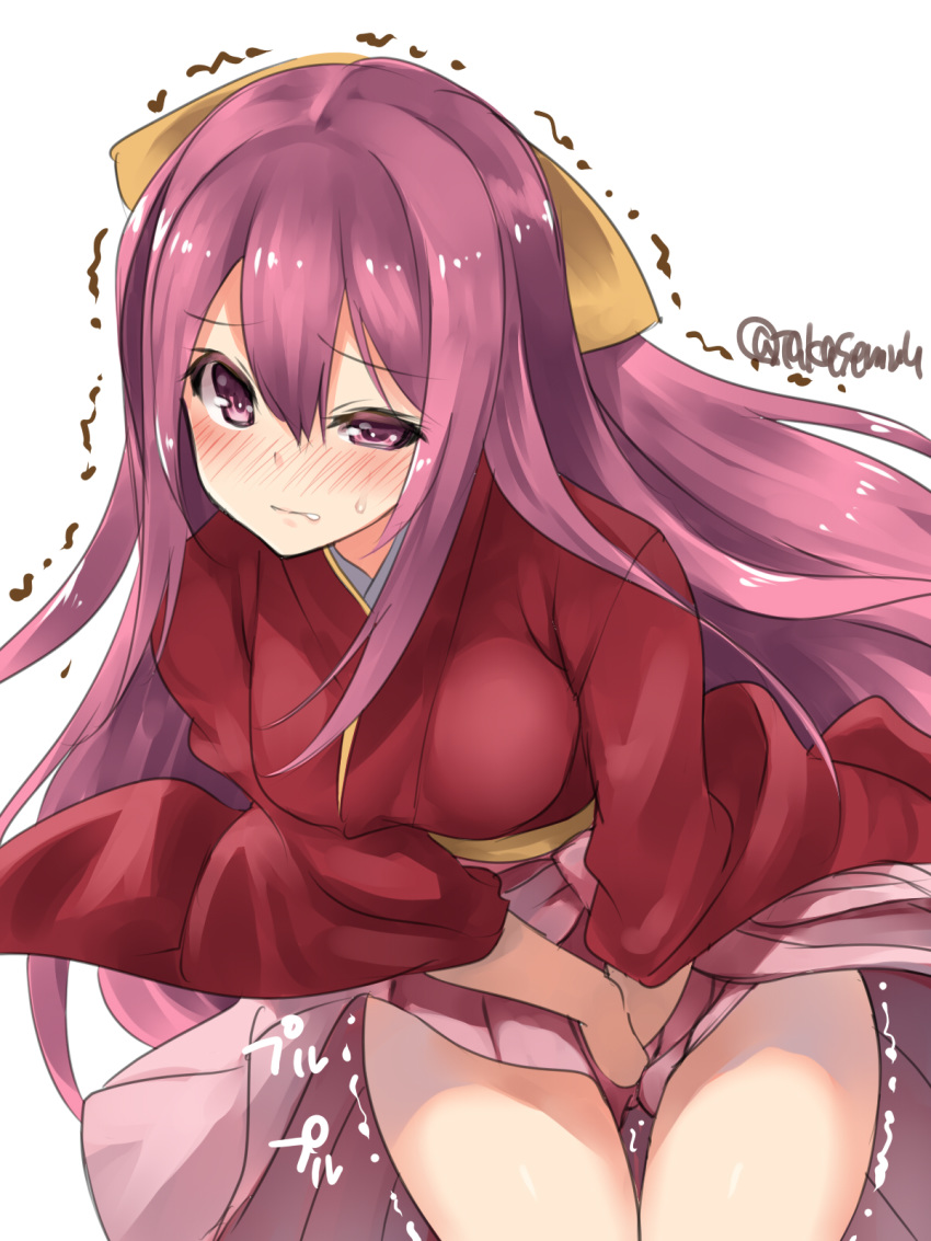 1girl bow commentary_request covering covering_crotch cowboy_shot hair_bow hakama hakama_lift have_to_pee highres japanese_clothes kamikaze_(kantai_collection) kantai_collection kimono leaning_forward long_hair meiji_schoolgirl_uniform pink_hakama purple_eyes purple_hair red_kimono simple_background solo takase_muu tasuki trembling twitter_username white_background yellow_bow