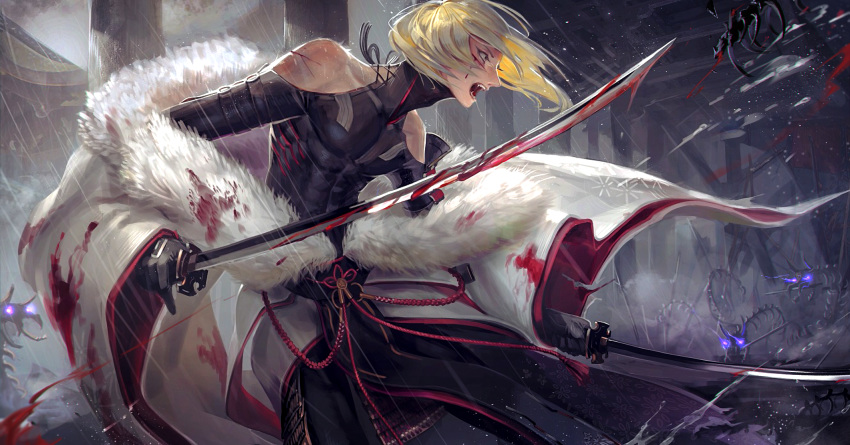 1boy bare_shoulders blonde_hair blood blood_on_face bloody_clothes bloody_weapon egawa_akira enemy_tantou fur_collar higekiri_(touken_ranbu) highres katana male_focus off_shoulder red_eyes solo sword touken_ranbu weapon