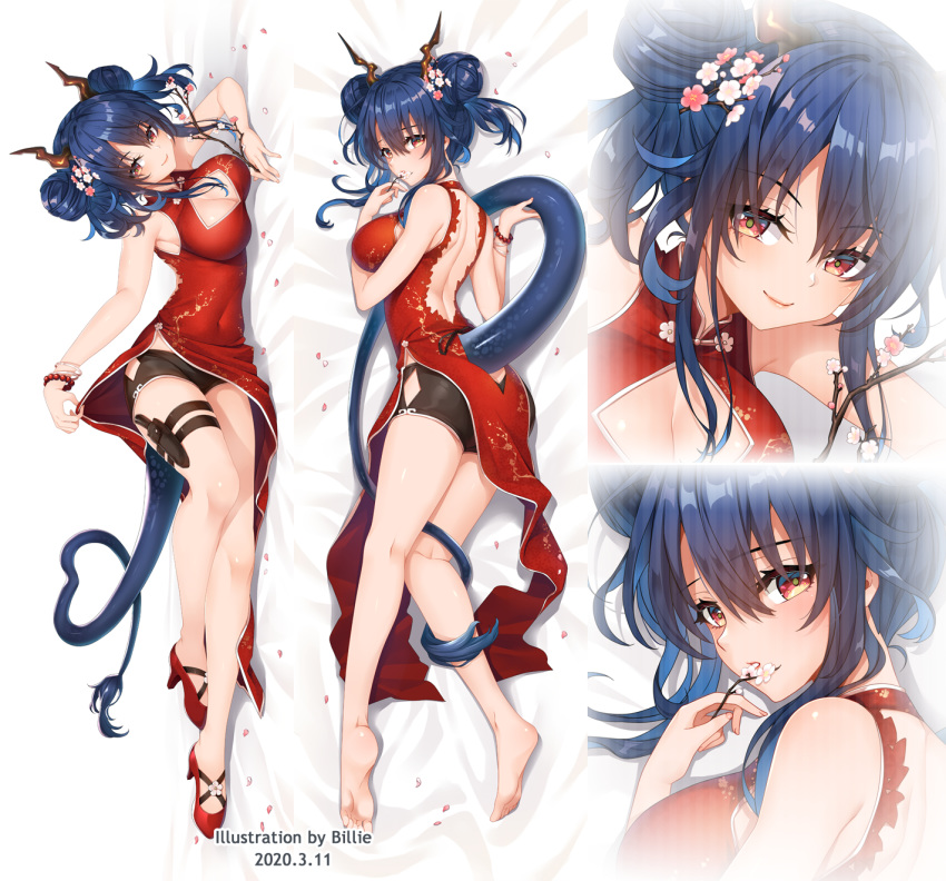 1girl arknights ass backless_dress backless_outfit bangs bare_arms bare_back bare_legs bare_shoulders barefoot bead_bracelet beads bed_sheet bike_shorts black_shorts blue_hair blush bracelet breasts ch'en_(arknights) china_dress chinese_clothes cleavage cleavage_cutout commentary_request covered_navel dakimakura dated double_bun dress dress_lift eyebrows_visible_through_hair flower full_body hair_between_eyes hair_flower hair_ornament hands_up heart heart_tail high_heels highres holster horns jewelry large_breasts lifted_by_self looking_at_viewer lying menggongfang multiple_views on_side on_stomach pink_flower red_dress red_eyes red_footwear seductive_smile short_hair short_shorts shorts sidelocks sleeveless sleeveless_dress smile tail thigh_holster thighs twintails upper_body white_flower