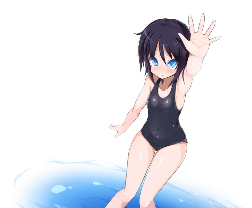 1girl arm_up armpits ass_visible_through_thighs black_hair blue_eyes breasts covered_navel morino_donguri one-piece_swimsuit original school_swimsuit short_hair small_breasts solo swimsuit thigh_gap thighs wading water