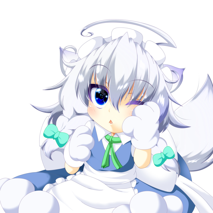 1girl ahoge animal_ears apron arms_up blue_skirt blue_vest braid chestnut_mouth chibi commentary_request dog_ears eyebrows_visible_through_hair gloves green_neckwear hair_between_eyes hair_ribbon hand_on_own_face highres inu_sakuya izayoi_sakuya looking_at_viewer maid_headdress muumuu_(sirufuruteienn) neck_ribbon one_eye_closed paw_gloves paws ribbon silver_hair simple_background sitting skirt solo touhou tress_ribbon twin_braids vest waist_apron white_background