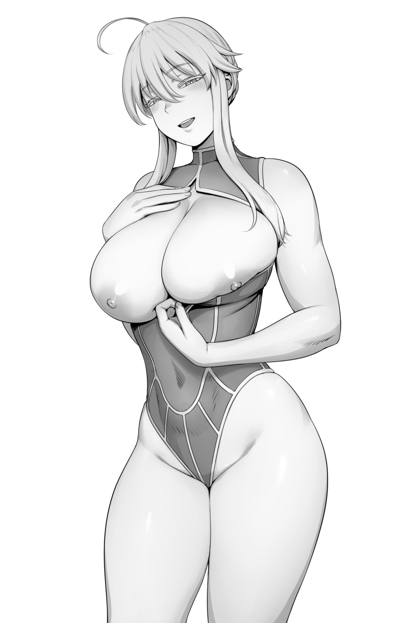 1girl ahoge artoria_pendragon_(all) artoria_pendragon_(lancer) blush braid breast_cutout breasts breasts_outside cleavage fate/grand_order fate_(series) french_braid highres large_breasts leotard lips long_hair looking_at_viewer lvl_(sentrythe2310) monochrome open_mouth seductive_smile sidelocks simple_background smile solo white_background