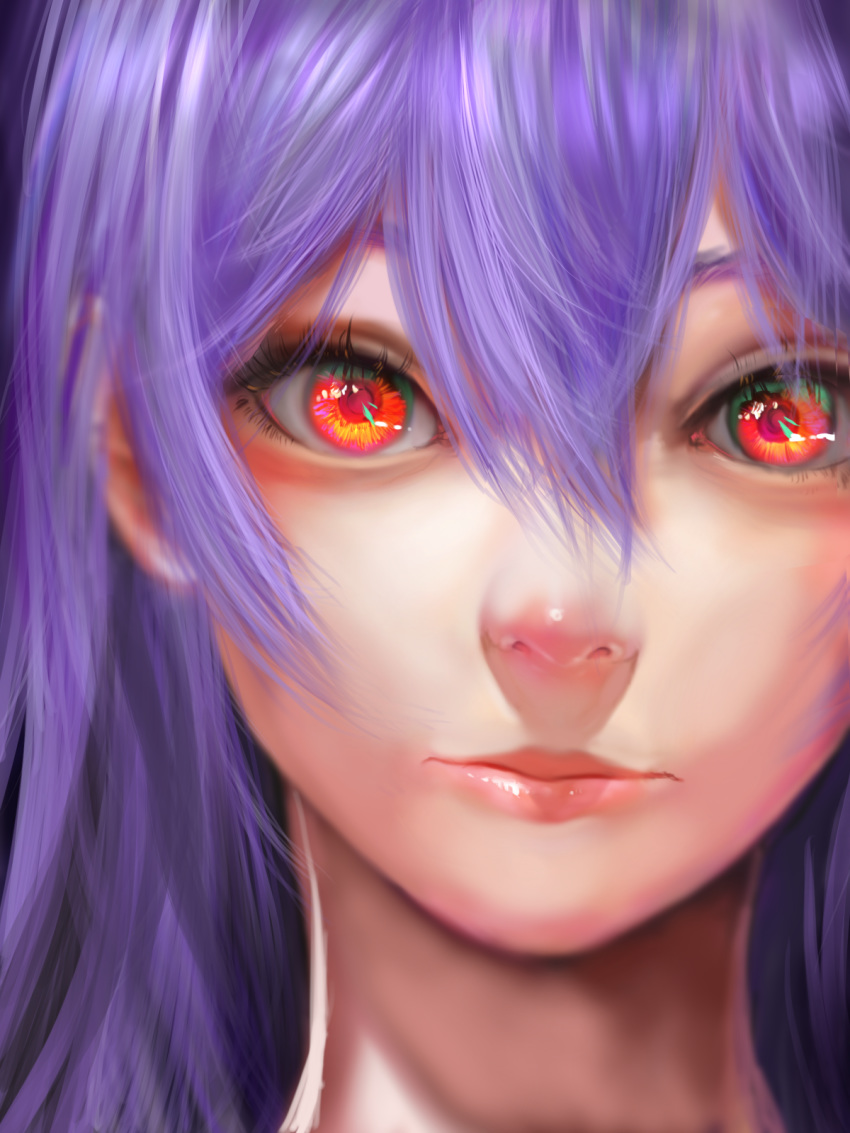 1girl close-up closed_mouth commentary_request expressionless eyelashes face hair_between_eyes highres jubakurei lips long_hair looking_at_viewer nose purple_hair red_eyes reisen_udongein_inaba solo touhou