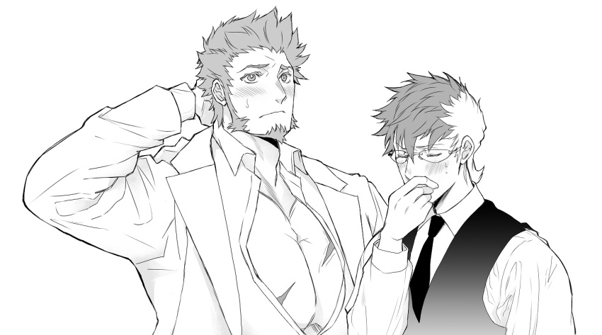 2boys alternate_costume alternate_hairstyle beard blush chest facial_hair fate/grand_order fate_(series) formal glasses long_sleeves male_focus multicolored_hair multiple_boys muscle n_(nemo) napoleon_bonaparte_(fate/grand_order) open_clothes pectorals scar sigurd_(fate/grand_order) spiked_hair suit upper_body