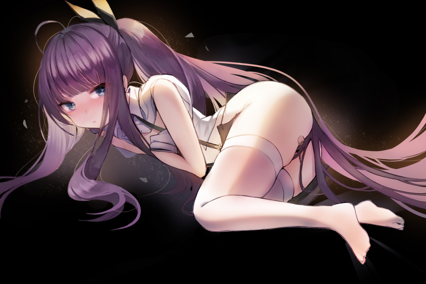 1girl ahoge anparu ass azur_lane bandaid_on_ass bangs bare_shoulders black_background black_ribbon blue_eyes blush collared_shirt commentary_request eyebrows_visible_through_hair hair_ribbon highres long_hair looking_at_viewer lying no_shoes on_side purple_hair ribbon shirt sidelocks solo tashkent_(azur_lane) tashkent_(the_bound_cruiser)_(azur_lane) thighhighs very_long_hair white_legwear white_shirt