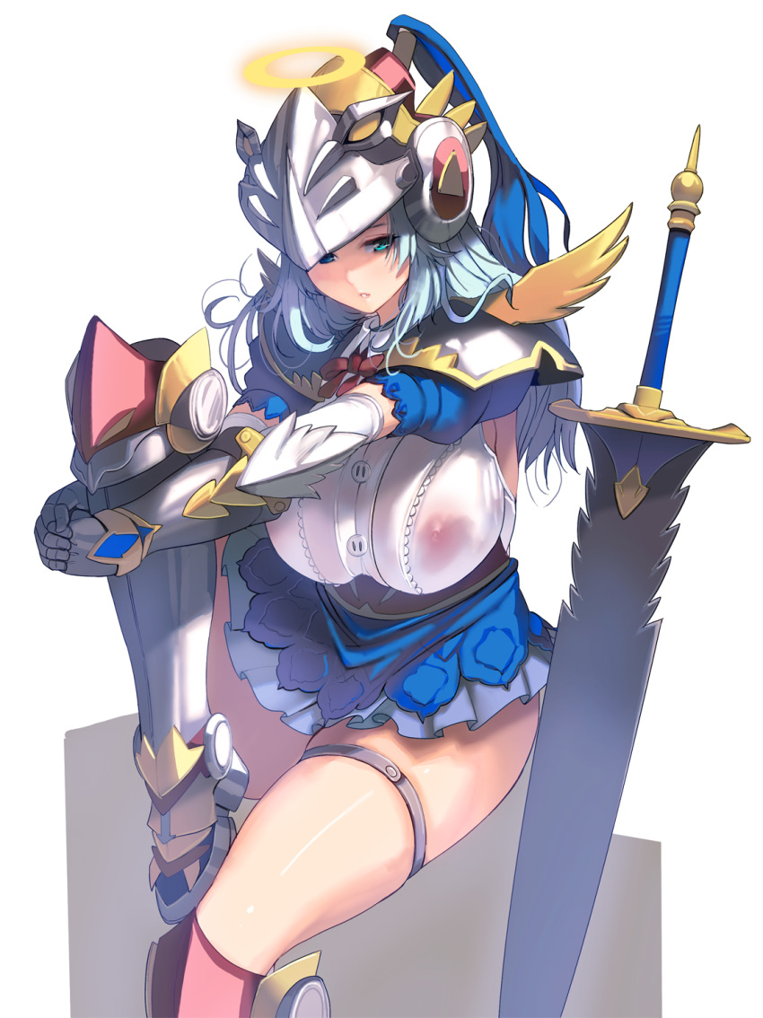 1girl angel angel_wings aqua_eyes aqua_hair breasts commentary_request covered_nipples curvy greaves halo helmet highres knight large_breasts long_hair masao original pauldrons plump revision see-through skirt solo sword weapon white_background wings