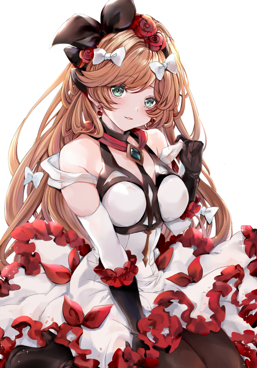 1girl bangs bare_shoulders black_bow black_gloves black_hairband black_legwear bow brown_hair clarisse_(granblue_fantasy) commentary_request detached_sleeves dress earrings elbow_gloves eyebrows_visible_through_hair flower frilled_dress frilled_gloves frills gloves granblue_fantasy green_eyes hair_bow hairband highres hinahino jewelry long_hair looking_at_viewer pantyhose parted_lips red_flower red_rose rose sitting smile solo sparkle swept_bangs very_long_hair white_bow white_dress