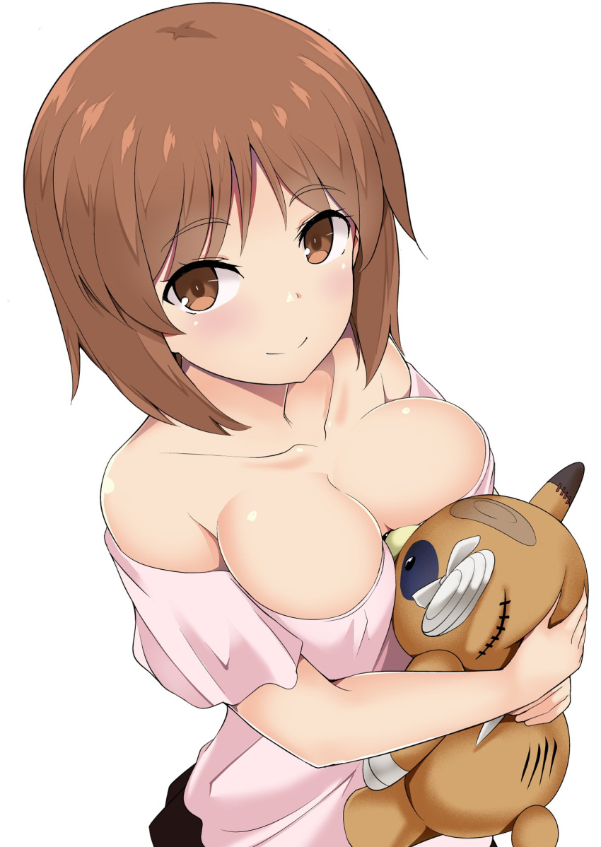 1girl bandages bangs bare_shoulders blush breasts brown_eyes brown_hair casual cleavage closed_mouth collarbone commentary_request eyebrows_visible_through_hair from_above girls_und_panzer highres kuku123 large_breasts looking_at_viewer looking_up nishizumi_miho object_hug off-shoulder_shirt off_shoulder pink_shirt shirt short_hair simple_background smile solo stuffed_animal stuffed_toy teddy_bear upper_body white_background