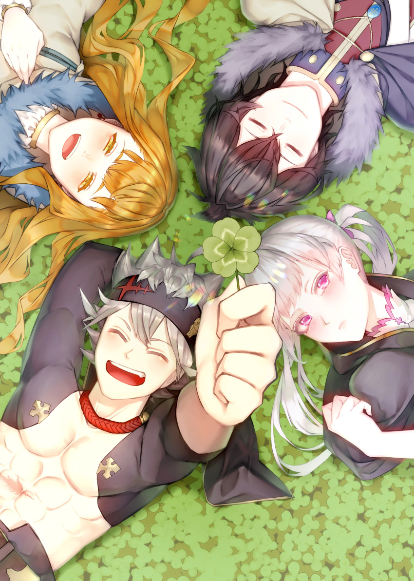 2boys 2girls :d abs absurdres asta_(black_clover) black_clover black_hair black_headband blush brown_eyes brown_hair cape capelet closed_eyes clover commentary_request four-leaf_clover frit_2 frown grey_hair headband highres holding_clover laughing looking_at_viewer lying mimosa_vermilion multiple_boys multiple_girls no_eyewear noelle_silva on_back on_ground open_mouth purple_eyes silver_hair smile twintails yuno_(black_clover)