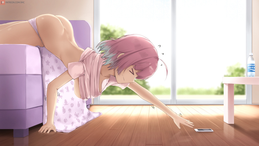 &gt;_&lt; 1girl ahoge arm_support ass bed blanket blue_hair blush bottle brand_name_imitation breasts cellphone closed_mouth commentary_request derivative_work flying_sweatdrops from_side hanging_breasts highres idolmaster idolmaster_cinderella_girls indoors joko_jmc large_breasts motion_lines multicolored_hair no_bra on_bed outstretched_arm panties panty_pull phone pink_hair pink_panties pink_shirt profile reflective_floor shirt shirt_lift short_hair smartphone solo table trembling two-tone_hair underboob underwear water_bottle wooden_floor yumemi_riamu