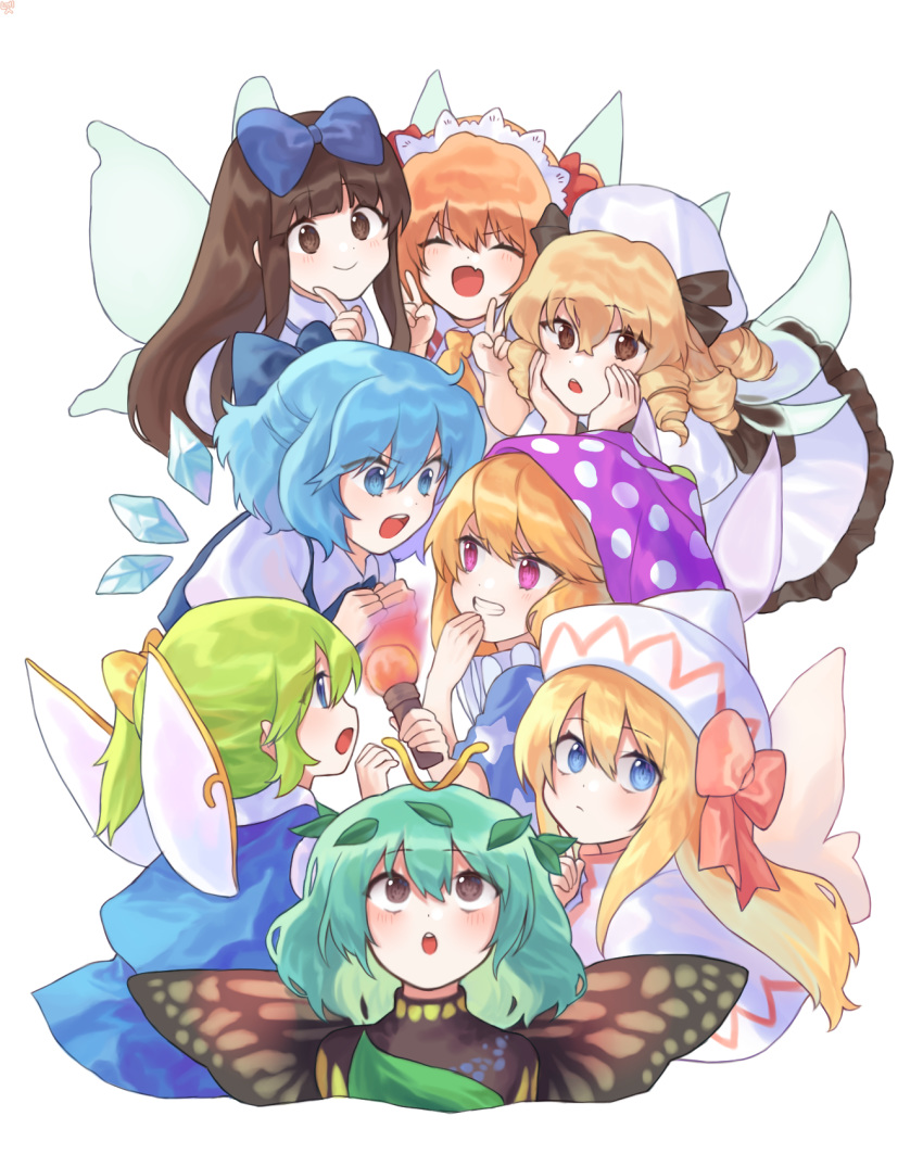 6+girls ^_^ aqua_hair beret blonde_hair blue_bow blue_eyes blue_hair blush bow brown_eyes brown_hair butterfly_wings cheunes cirno closed_eyes clownpiece commentary daiyousei double_v drill_hair eternity_larva facing_viewer fairy_wings grin hair_bow hand_up hands_on_own_cheeks hands_on_own_face hands_up hat hat_bow hat_ribbon headdress highres holding holding_torch ice ice_wings index_finger_raised jester_cap lily_white long_hair looking_at_another looking_at_viewer looking_up luna_child multiple_girls orange_hair pink_bow polka_dot polka_dot_hat puffy_short_sleeves puffy_sleeves purple_eyes red_ribbon ribbon short_hair short_sleeves side_ponytail simple_background smile star star_print star_sapphire sunny_milk torch touhou v v-shaped_eyebrows white_background white_headwear wings yellow_bow