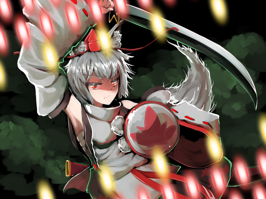 1girl animal_ears arm_up attack breasts closed_mouth cowboy_shot danmaku dark detached_sleeves eyebrows eyebrows_visible_through_hair floating grey_hair hat headwear highres holding holding_shield holding_sword holding_weapon inubashiri_momiji japanese_clothes leaf long_sleeves medium_breasts night open_eyes outdoors pom_pom_(clothes) red_eyes red_headwear red_ribbon ribbon ribbon-trimmed_sleeves ribbon_trim sarashi serious shaded_face shield shirt short_hair silver_hair skirt spell_card sunyup sword tail tokin_hat touhou traditional_clothes v-shaped_eyebrows weapon wide_sleeves wolf_ears wolf_tail