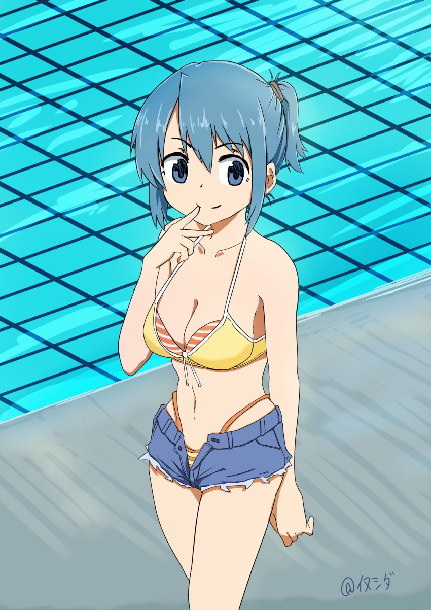 1girl alternate_costume alternate_hairstyle arm_behind_back bikini blue_eyes blue_hair breasts cleavage cutoffs denim denim_shorts front-tie_bikini front-tie_top hair_between_eyes hand_on_own_face highres inushida looking_at_viewer mahou_shoujo_madoka_magica medium_breasts miki_sayaka navel pool short_hair shorts smile solo striped striped_bikini swimsuit swimsuit_under_swimsuit twitter_username unbuttoned water