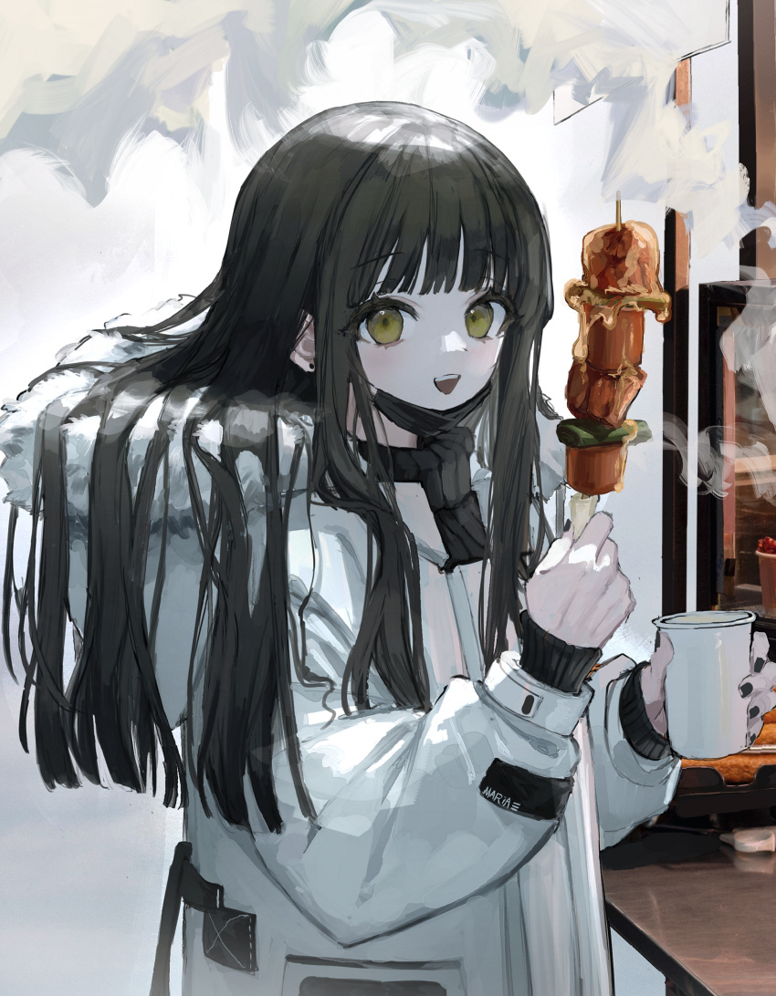 1girl absurdres bangs black_hair black_mask black_nails clothes_writing coat commentary_request counter cup earrings english_text es-ther eyebrows_visible_through_hair food fur-trimmed_hood fur_trim highres holding holding_cup holding_food holding_skewer hood hooded_coat jewelry kebab long_hair looking_at_viewer mask mask_pull meat mouth_mask nail_polish original skewer smoke solo surgical_mask white_coat