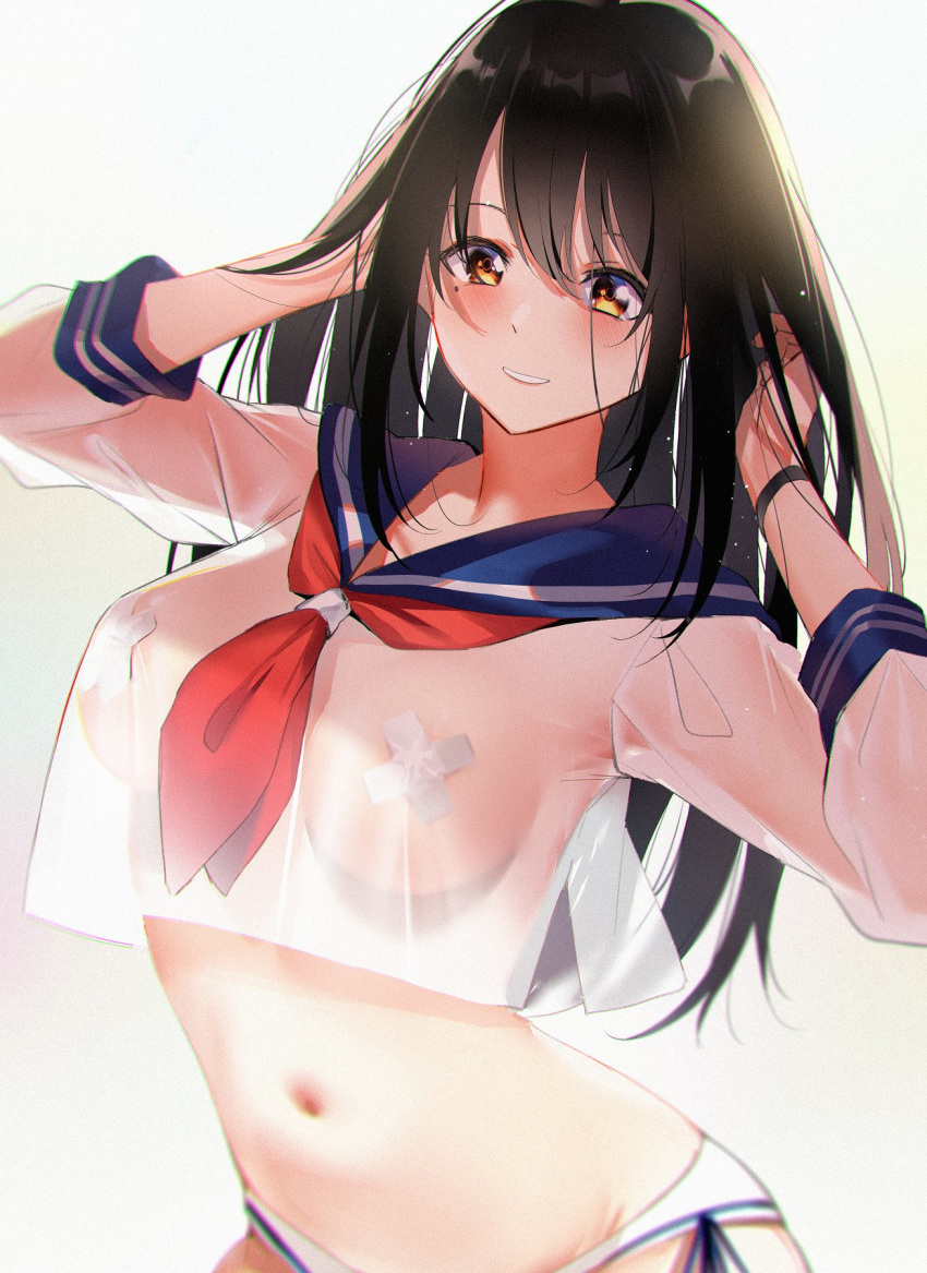 1girl arms_up bandaid bandaids_on_nipples bikini_bottom black_hair blurry breasts cowboy_shot crop_top crop_top_overhang groin highres large_breasts long_hair long_sleeves looking_at_viewer mole mole_under_eye navel neckerchief no_bra orange_eyes original orihi_chihiro parted_lips pasties sailor_collar sailor_shirt see-through shirt simple_background smile solo stomach white_background white_bikini_bottom white_shirt