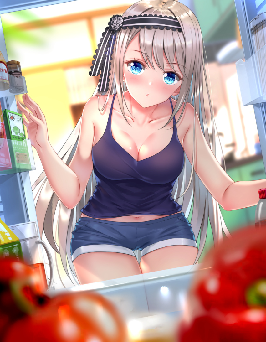 1girl bare_arms bare_shoulders black_camisole black_hairband blue_eyes blue_shorts blurry blurry_background blurry_foreground blush bottle breasts camisole cleavage closed_mouth collarbone commentary_request day depth_of_field grey_hair hairband hand_up highres indoors jug kaguya-sama_wa_kokurasetai_~tensai-tachi_no_renai_zunousen~ long_hair looking_at_viewer medium_breasts midriff_peek navel refrigerator shirogane_kei short_shorts shorts solo striped striped_hairband sunlight swordsouls tomato very_long_hair window