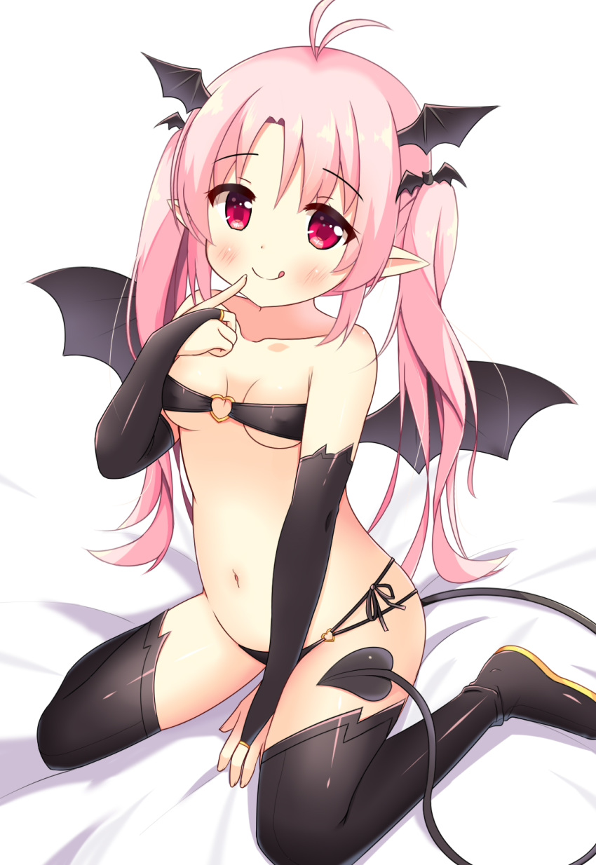 1girl :q antenna_hair bangs bare_shoulders bat_hair_ornament bed_sheet between_legs black_footwear black_legwear black_wings blush boots breasts bridal_gauntlets closed_mouth collarbone commentary_request demon_girl demon_tail demon_wings eyebrows_visible_through_hair finger_to_mouth hair_between_eyes hair_ornament hand_between_legs head_wings heart_ring highres long_hair navel original parted_bangs pink_hair pointy_ears red_eyes sitting small_breasts smile solo succubus tail thigh_boots thighhighs tongue tongue_out very_long_hair wariza white_background wings xiaosamiao