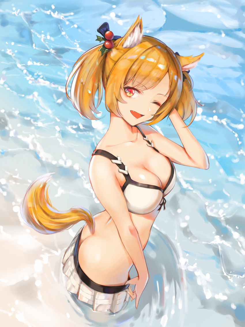 1girl absurdres alternate_costume animal_ears arknights ass bangs beach bikini bikini_skirt bow breasts butt_crack cleavage collarbone day eyebrows_visible_through_hair eyyy fang fox_ears fox_tail hair_bow hand_in_hair highres looking_at_viewer medium_breasts medium_hair midriff mistletoe ocean one_eye_closed open_mouth orange_hair outdoors parted_bangs red_eyes smile solo sora_(arknights) swimsuit tail twintails wading white_bikini