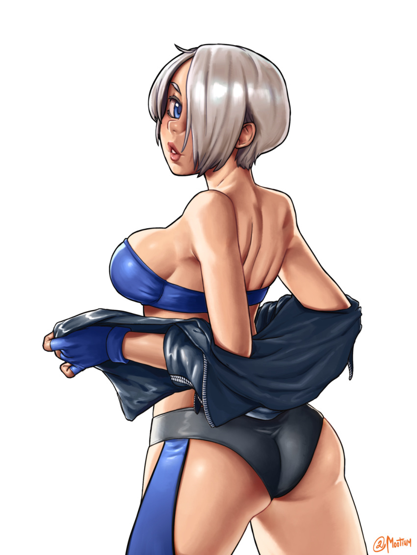 1girl angel_(kof) ass back bad_id black_shorts blue_eyes bra breasts chaps commission from_behind hair_over_one_eye highres jacket large_breasts leather leather_jacket lips looking_at_viewer looking_back mootium nose off-shoulder_jacket open_clothes open_jacket puckered_lips short_shorts shorts sideboob signature solo standing strapless strapless_bra the_king_of_fighters underwear white_background