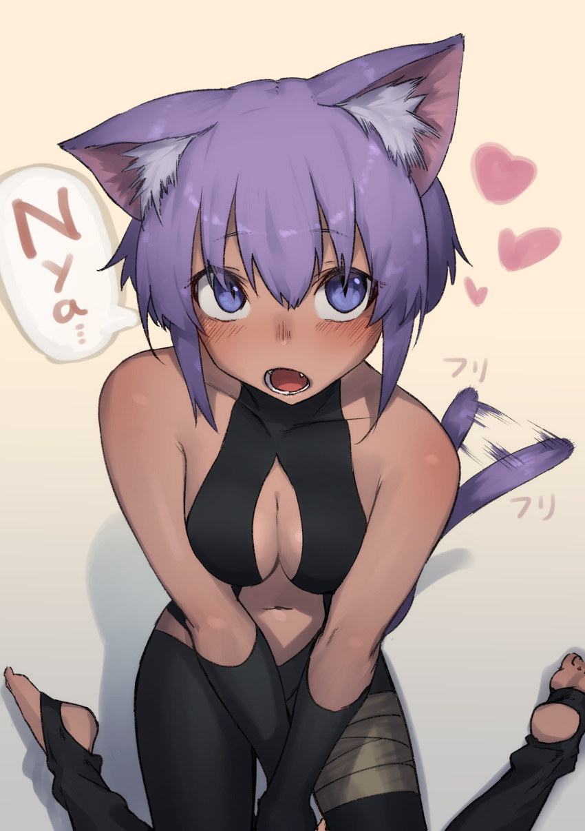 1girl absurdres animal_ear_fluff animal_ears bangs bare_shoulders between_legs black_gloves blush breasts cat_ears cat_girl cat_tail cleavage cleavage_cutout collarbone commentary dark_skin eyebrows_visible_through_hair fangs fate/grand_order fate_(series) from_above gloves hair_between_eyes hand_between_legs hassan_of_serenity_(fate) heart hekonda_kan highres looking_at_viewer medium_breasts navel open_mouth purple_eyes purple_hair short_hair sidelocks sitting slit_pupils solo stirrup_legwear stomach tail toeless_legwear wariza
