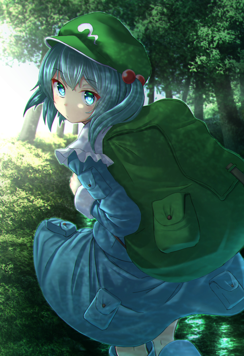 1girl absurdres backpack bag blue_footwear blue_hair blue_headwear blue_shirt blue_skirt boots commentary cowboy_shot day expressionless flat_cap forest from_behind green_backpack hair_bobbles hair_ornament hat highres kakutasu_(akihiron_cactus) kawashiro_nitori long_sleeves looking_at_viewer looking_back nature outdoors rubber_boots shirt short_hair skirt skirt_set solo standing touhou transparent two_side_up water