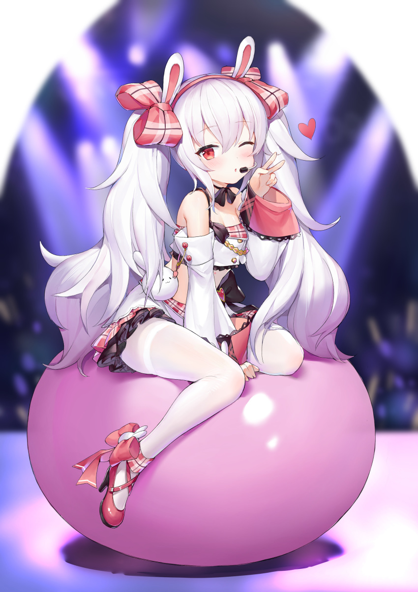 1girl ;o absurdres animal_ears azur_lane bangs bare_shoulders between_legs black_choker black_ribbon blurry blurry_background blush boku_koyuki_mx bow breasts bunny_ears choker cleavage collarbone commentary_request crop_top depth_of_field detached_sleeves eyebrows_visible_through_hair fake_animal_ears frilled_skirt frills full_body hair_bow hairband hand_between_legs headset heart high_heels highres laffey_(azur_lane) long_hair long_sleeves miniskirt one_eye_closed pantyhose parted_lips plaid plaid_bow plaid_skirt pleated_skirt red_bow red_eyes red_footwear red_hairband red_skirt ribbon ribbon_choker silver_hair sitting skirt small_breasts solo stage_lights thighband_pantyhose twintails v very_long_hair white_legwear