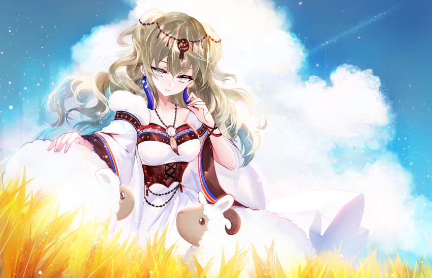 1girl animal bangs blue_eyes blue_sky breasts brown_hair closed_mouth cloud cloudy_sky collarbone commentary_request day detached_sleeves dress earrings eyebrows_visible_through_hair field fur-trimmed_sleeves fur_trim hair_between_eyes headpiece highres jewelry long_hair long_sleeves medium_breasts moemoe3345 o-ring original outdoors sheep sky smile solo star two_side_up white_dress white_sleeves wide_sleeves