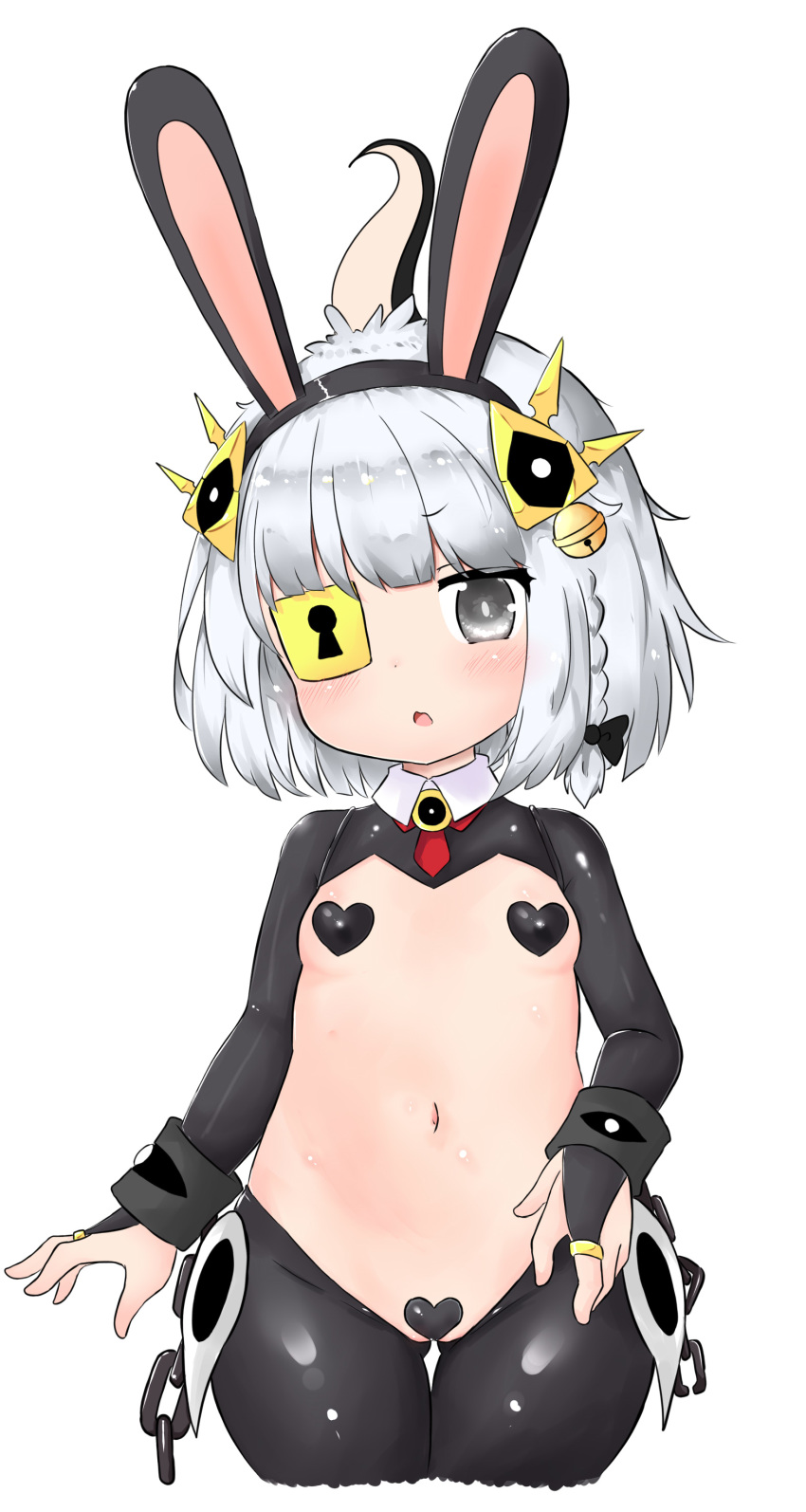1girl absurdres animal_ears ass_visible_through_thighs bailingxiao_jiu bell black_bow black_hairband black_legwear blush bow braid breasts bridal_gauntlets bunny_ears chain collar cowboy_shot detached_collar fake_animal_ears grey_eyes hair_bell hair_bow hair_ornament hairband heart_pasties highres inverted_costume jingle_bell keyhole maebari navel original parted_lips pasties red_neckwear reverse_bunnysuit short_hair silver_hair simple_background small_breasts solo tentacles thigh_gap white_background white_collar wing_collar