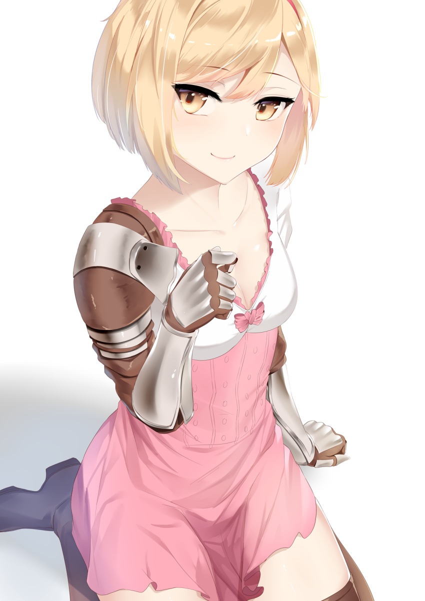 1girl blonde_hair blush boots breasts brown_legwear cleavage djeeta_(granblue_fantasy) dress from_above gauntlets gloves granblue_fantasy hair_between_eyes hairband hand_up high_heel_boots high_heels highres looking_at_viewer medium_breasts mengo pink_dress red_hairband seiza short_hair sitting smile solo thigh_boots thighhighs yellow_eyes