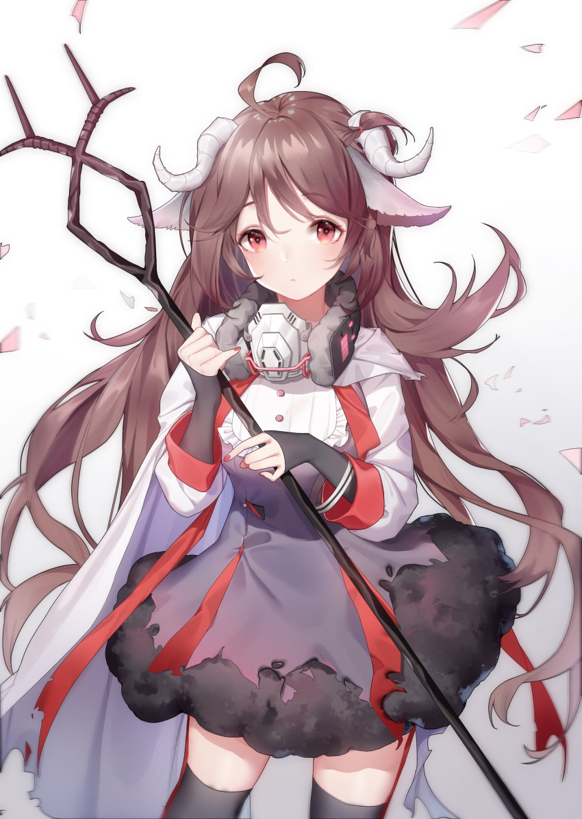 1girl absurdres ahu_hu animal_ears arknights black_legwear brown_hair burnt_clothes buttons cape cowboy_shot dress eyjafjalla_(arknights) highres holding holding_staff horns long_hair looking_at_viewer mask_around_neck puffy_dress purple_dress red_eyes red_nails respirator sheep_ears sheep_horns sleeves_past_wrists solo staff thighhighs white_cape